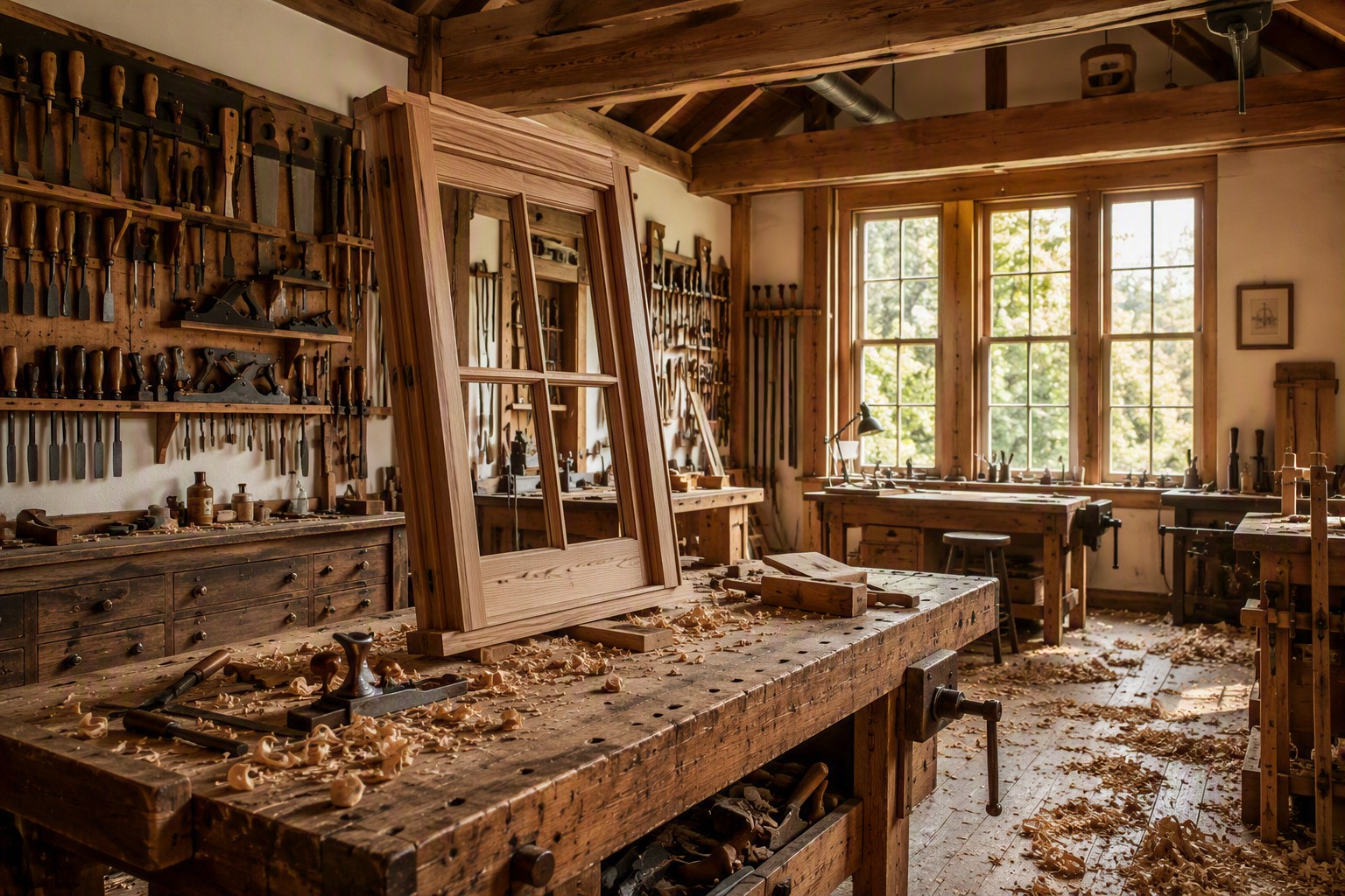 In-house craftsman shaping a traditional wood window frame in the Mpire Homes workshop