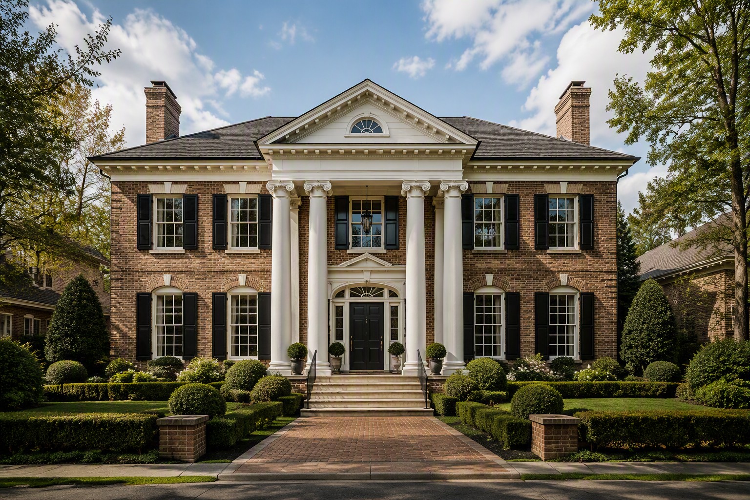 Classical brick custom home with white columns, built in the Mpire Homes design tradition near Charlotte, NC