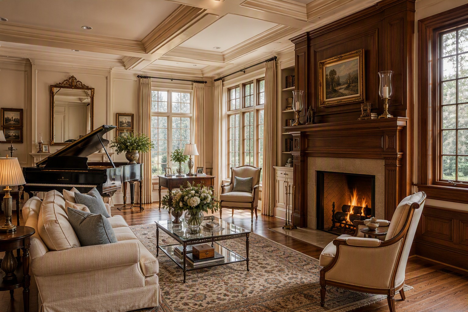 Warm living room interior with classical crown molding and a wood-paneled fireplace, reflecting Mpire Homes' traditional finish standard
